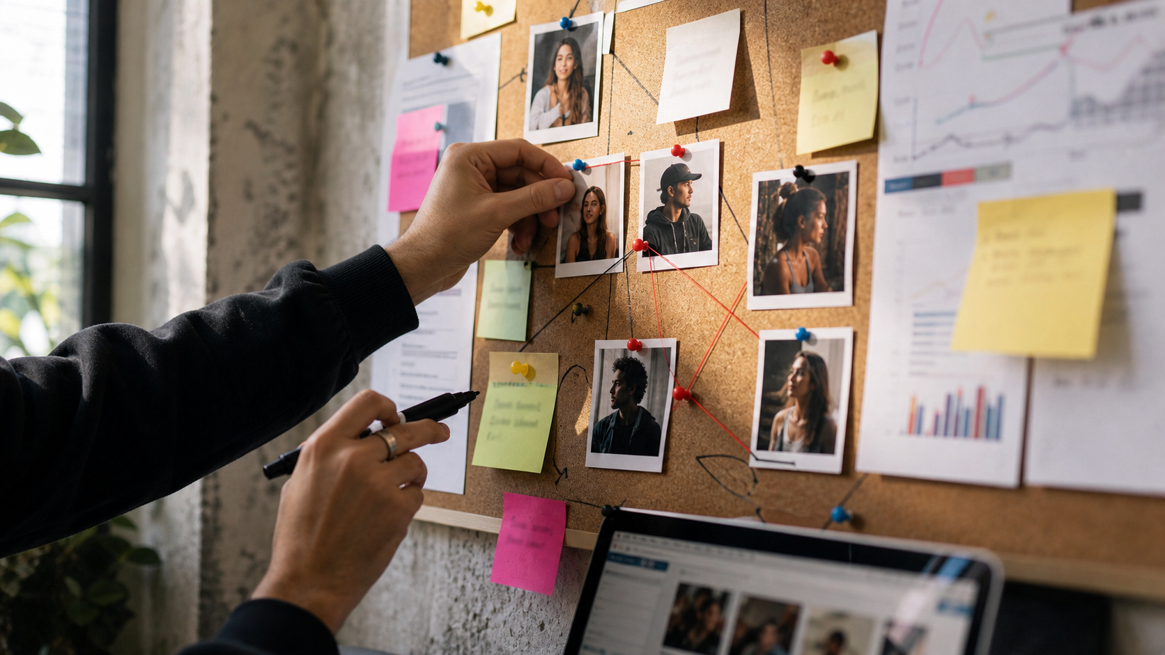Hands pinning creator research photos and notes to a corkboard.