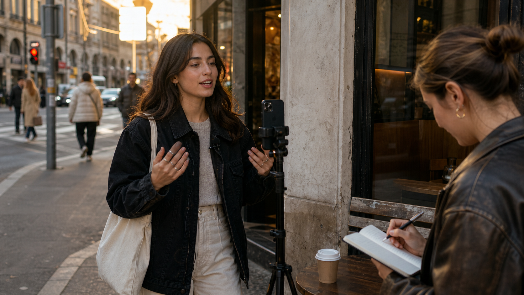 A creator filming a vertical video on a city street with a small tripod.