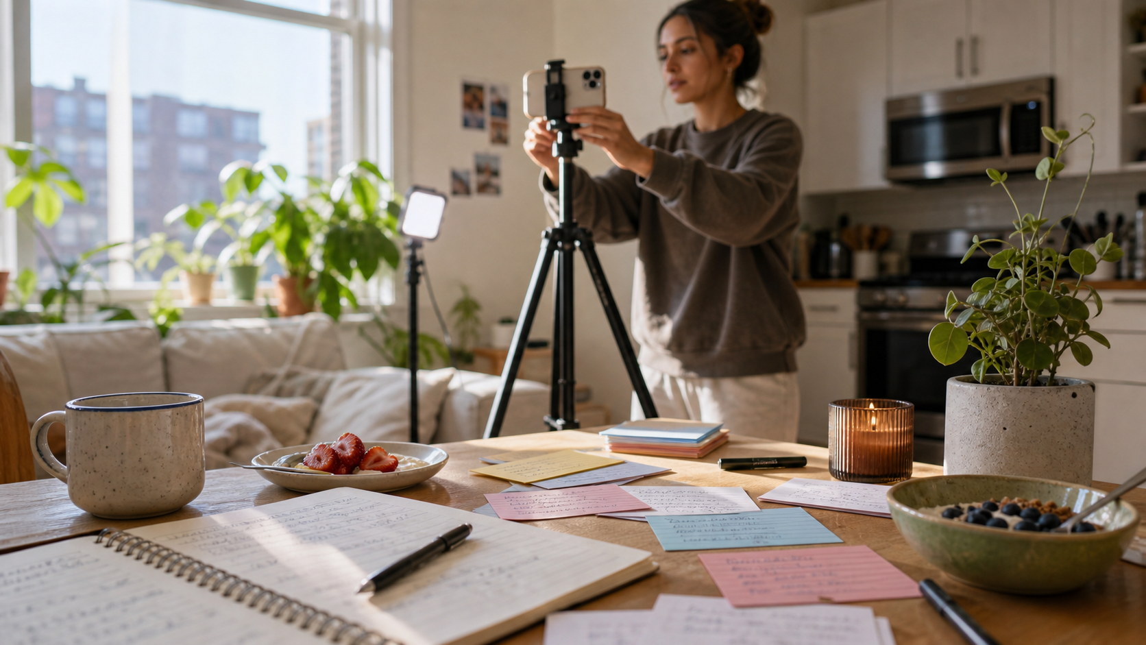 A creator planning video hooks with index cards in a home filming setup.